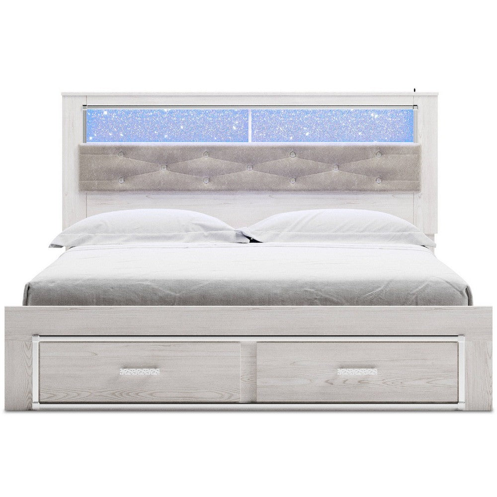 Aly King Size Storage Bed w Gray Tufted Bookcase Headboard | White | LED