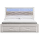 Aly King Size Storage Bed w Gray Tufted Bookcase Headboard | White | LED