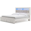 Aly King Size Storage Bed w Gray Tufted Bookcase Headboard | White | LED