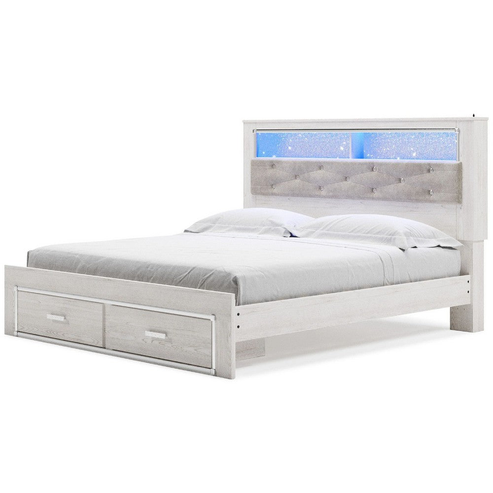 Aly King Size Storage Bed w Gray Tufted Bookcase Headboard | White | LED
