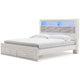 Aly King Size Storage Bed w Gray Tufted Bookcase Headboard | White | LED