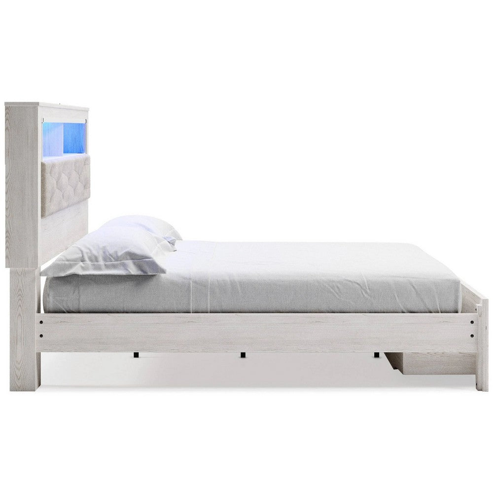 Aly King Size Storage Bed w Gray Tufted Bookcase Headboard | White | LED