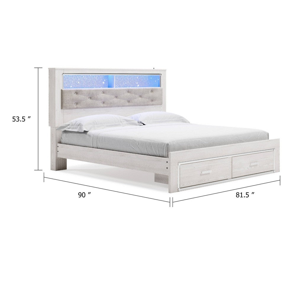 Aly King Size Storage Bed w Gray Tufted Bookcase Headboard | White | LED