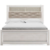 Aly Queen Size Panel Bed w Gray Tufted Bookcase Headboard | White | LED