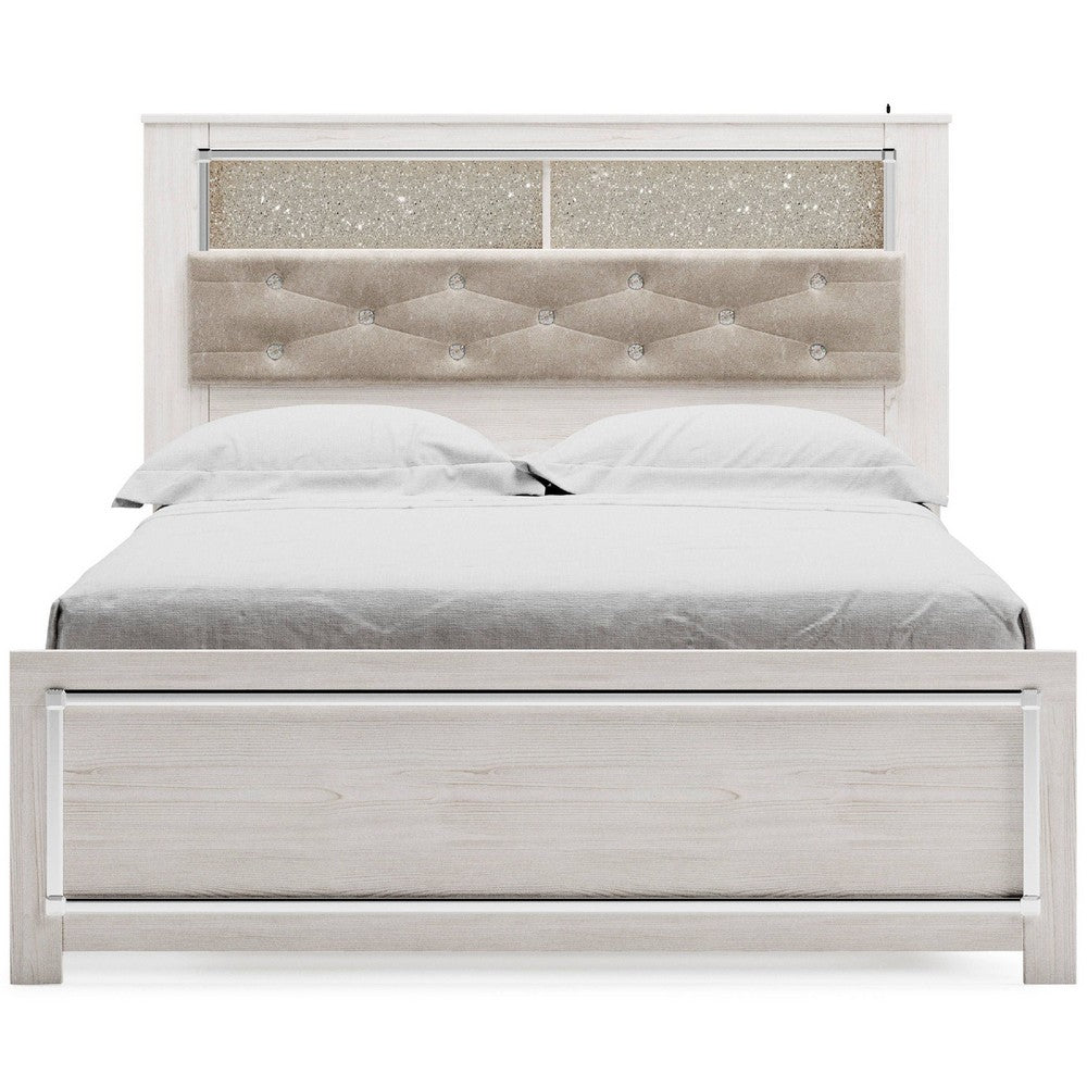 Aly Queen Size Panel Bed w Gray Tufted Bookcase Headboard | White | LED
