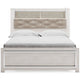 Aly Queen Size Panel Bed w Gray Tufted Bookcase Headboard | White | LED