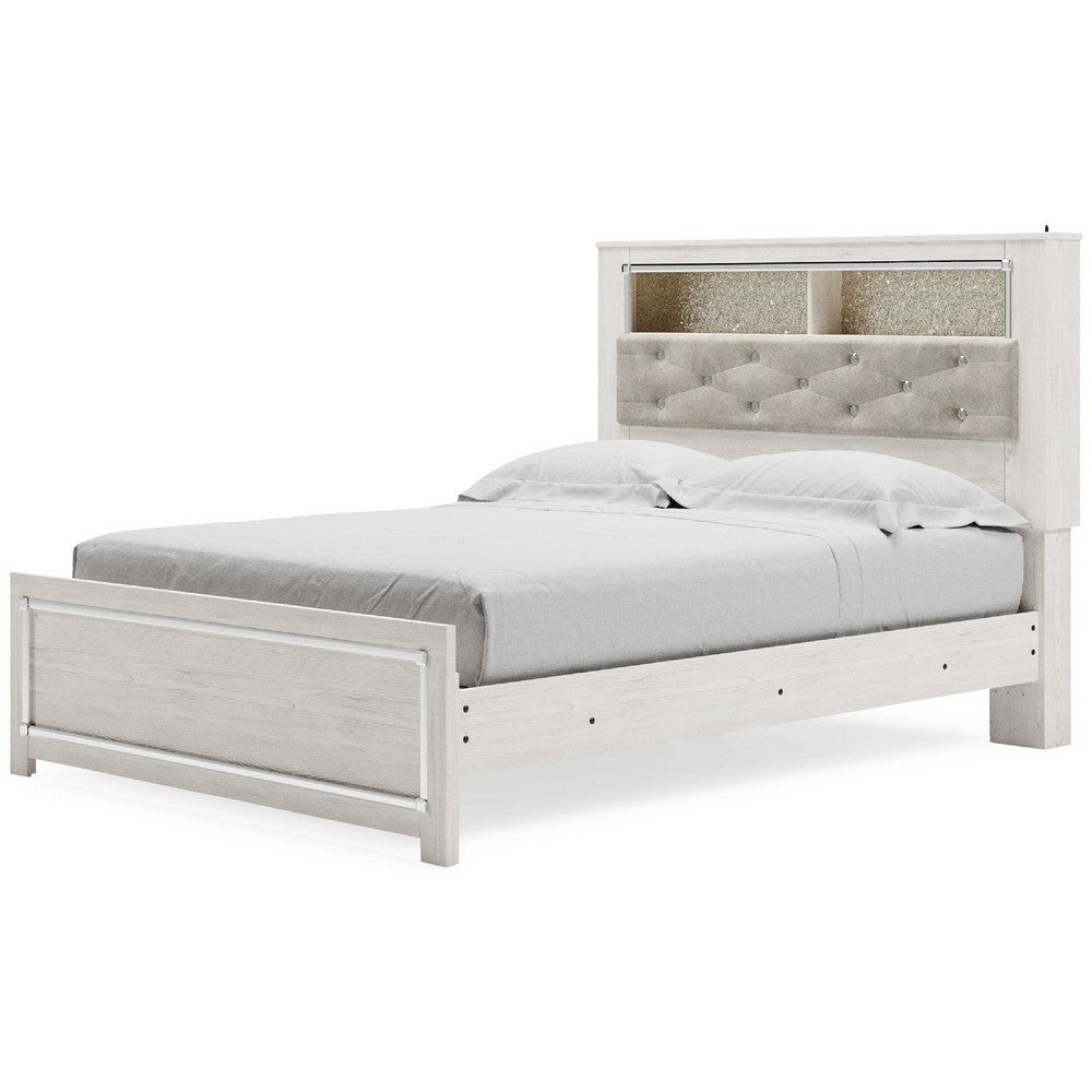 Aly Queen Size Panel Bed w Gray Tufted Bookcase Headboard | White | LED
