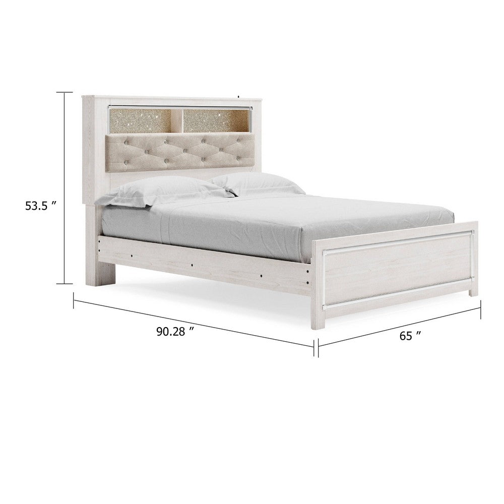 Aly Queen Size Panel Bed w Gray Tufted Bookcase Headboard | White | LED