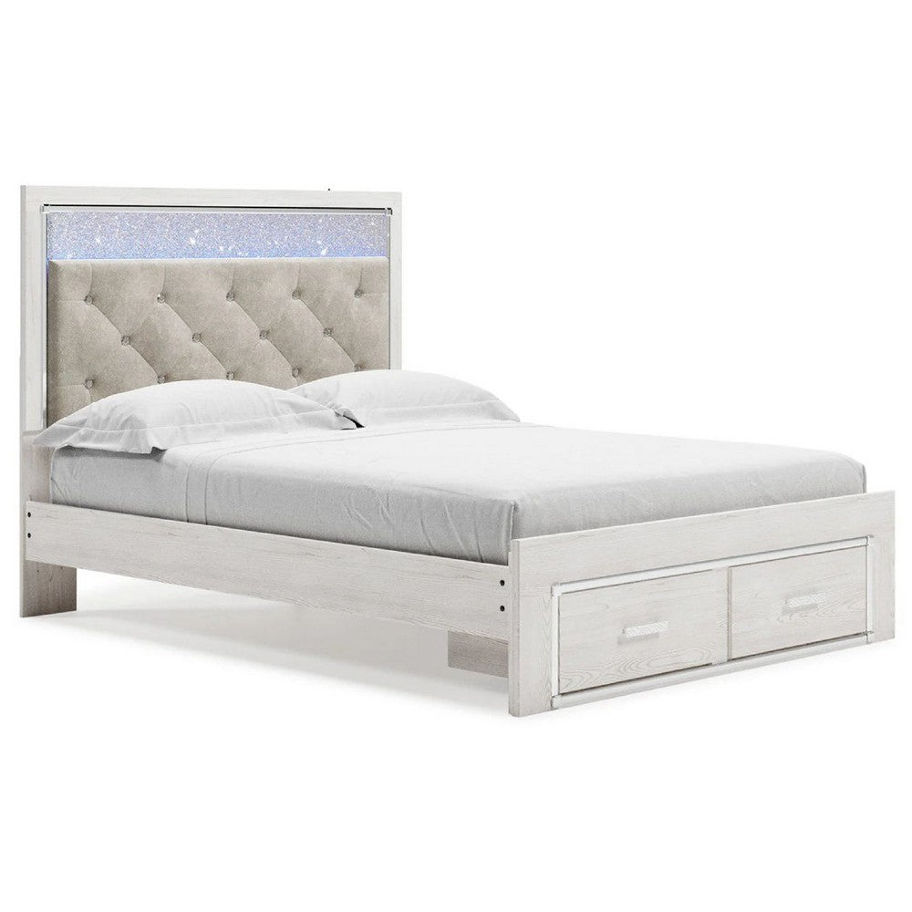 Aly Queen Size Storage Bed w Gray Button Tufted LED Headboard | White