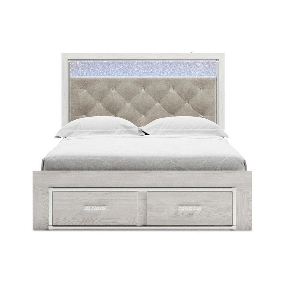 Aly Queen Size Storage Bed w Gray Button Tufted LED Headboard | White