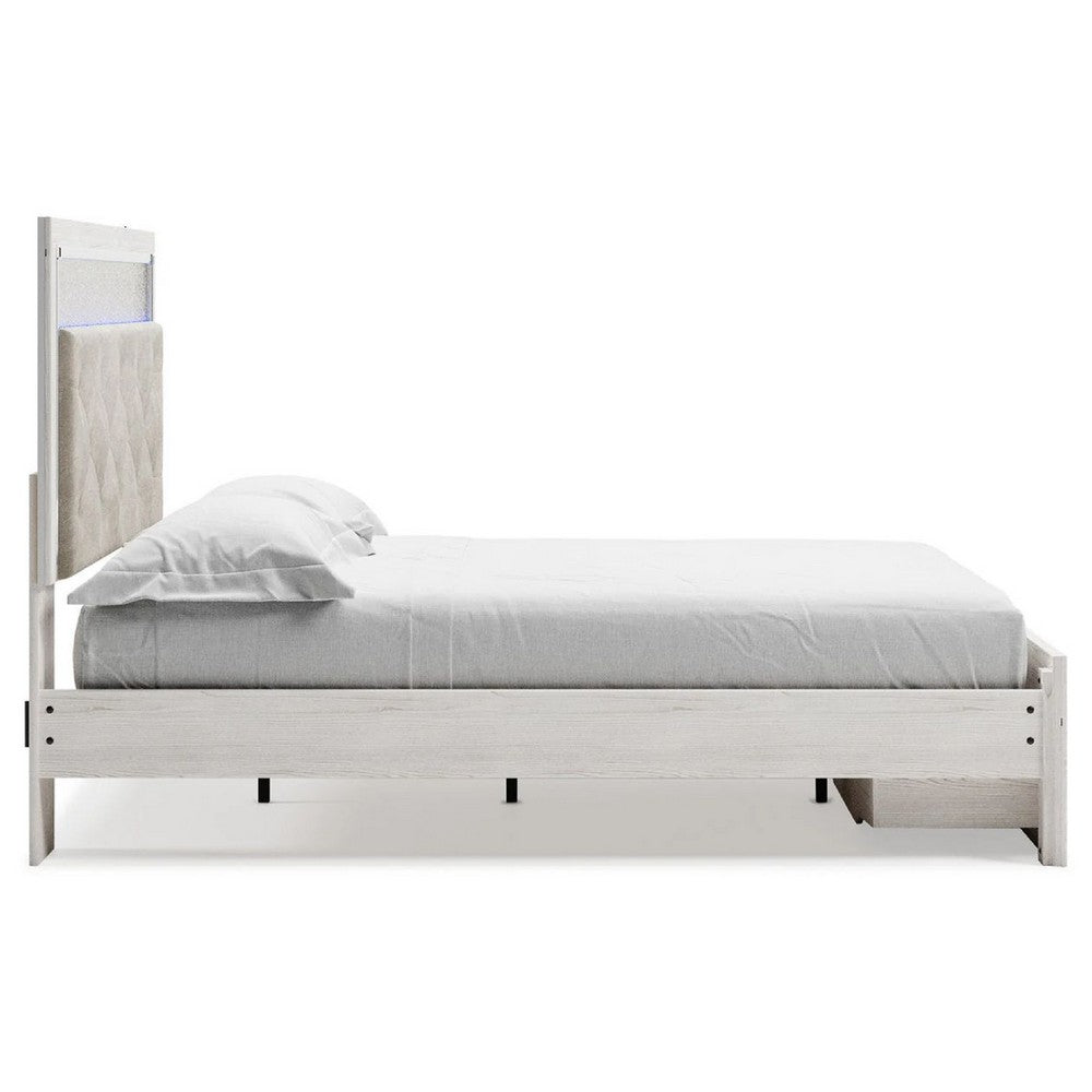 Aly Queen Size Storage Bed w Gray Button Tufted LED Headboard | White