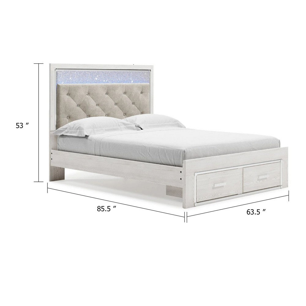 Aly Queen Size Storage Bed w Gray Button Tufted LED Headboard | White
