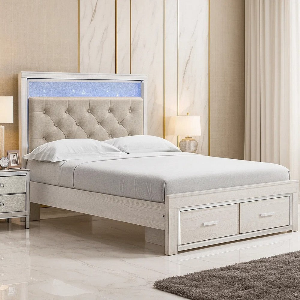 Aly Queen Size Storage Bed w Gray Button Tufted LED Headboard | White