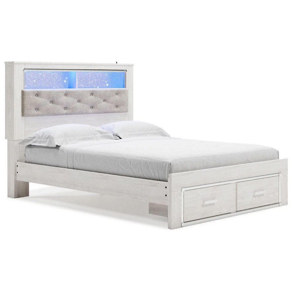 Aly Queen Size Storage Bed w Gray Tufted Bookcase Headboard | White | LED