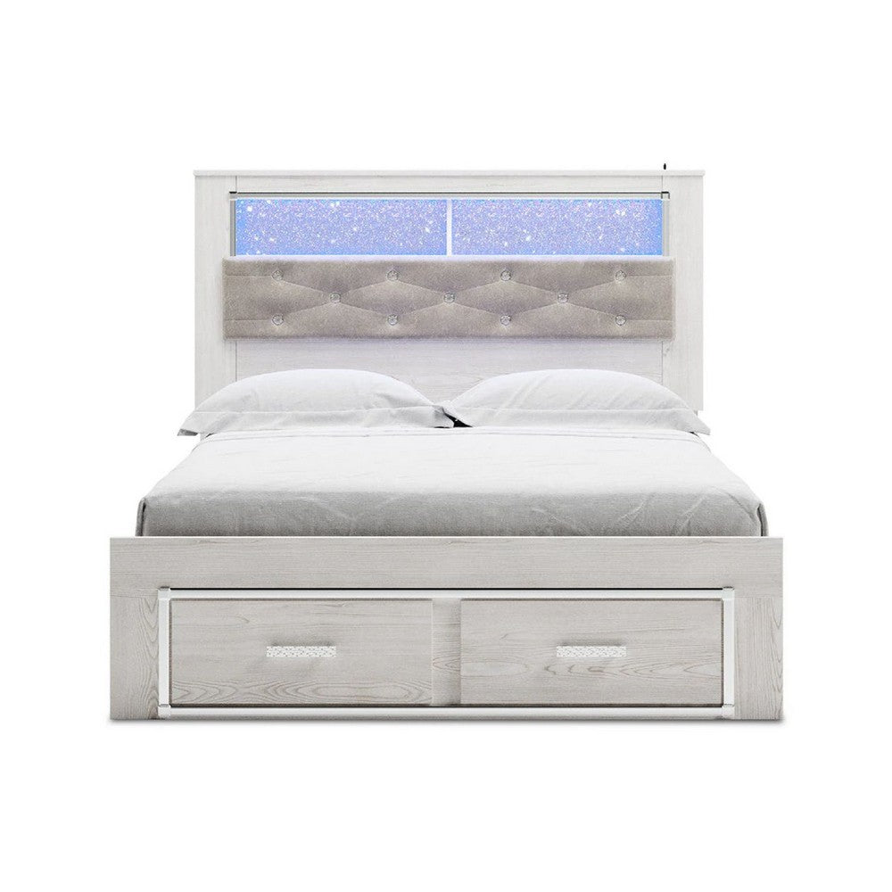 Aly Queen Size Storage Bed w Gray Tufted Bookcase Headboard | White | LED