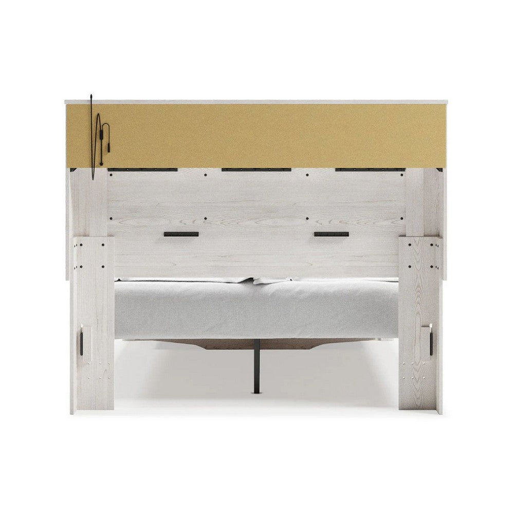 Aly Queen Size Storage Bed w Gray Tufted Bookcase Headboard | White | LED