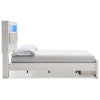 Aly Queen Size Storage Bed w Gray Tufted Bookcase Headboard | White | LED
