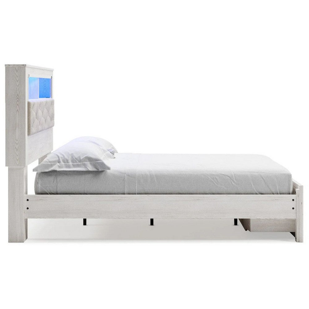 Aly Queen Size Storage Bed w Gray Tufted Bookcase Headboard | White | LED