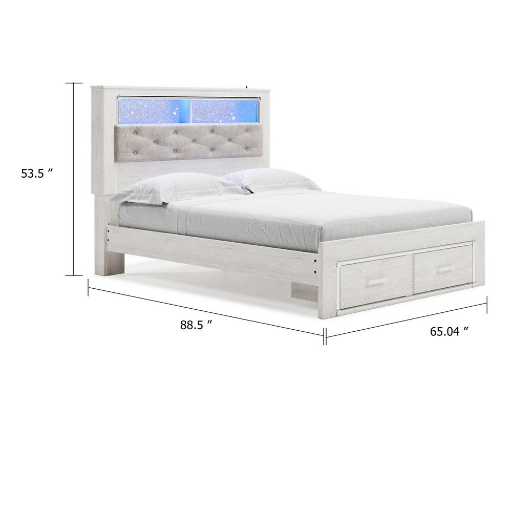 Aly Queen Size Storage Bed w Gray Tufted Bookcase Headboard | White | LED