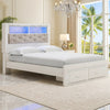Aly Queen Size Storage Bed w Gray Tufted Bookcase Headboard | White | LED
