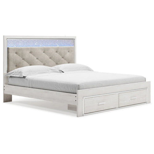 Aly King Size Storage Bed w Gray Button Tufted LED Headboard | White