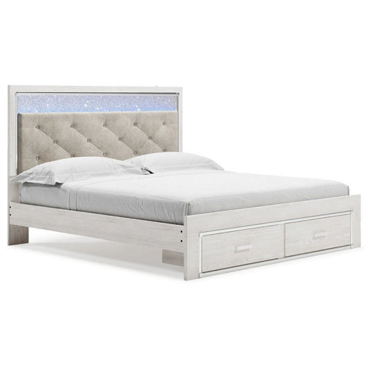 Aly King Size Storage Bed w Gray Button Tufted LED Headboard | White