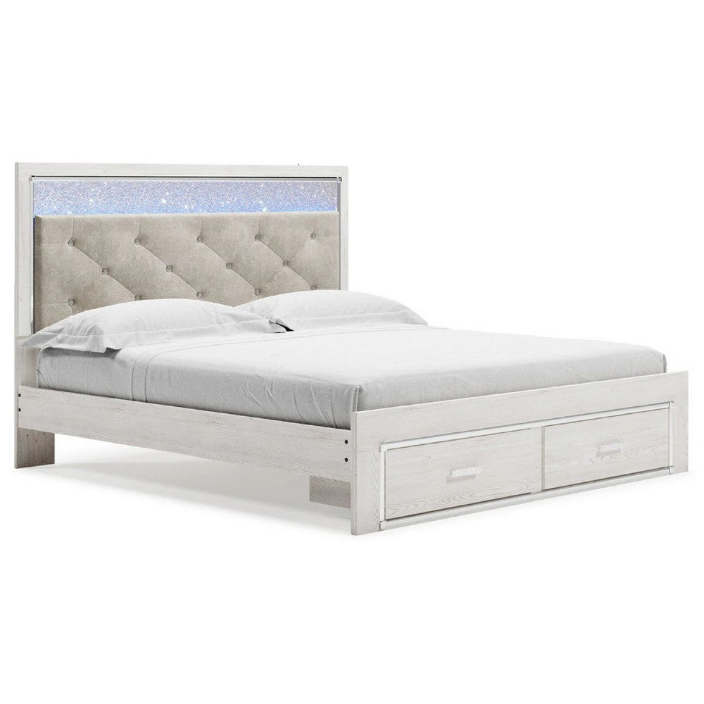 Aly King Size Storage Bed w Gray Button Tufted LED Headboard | White
