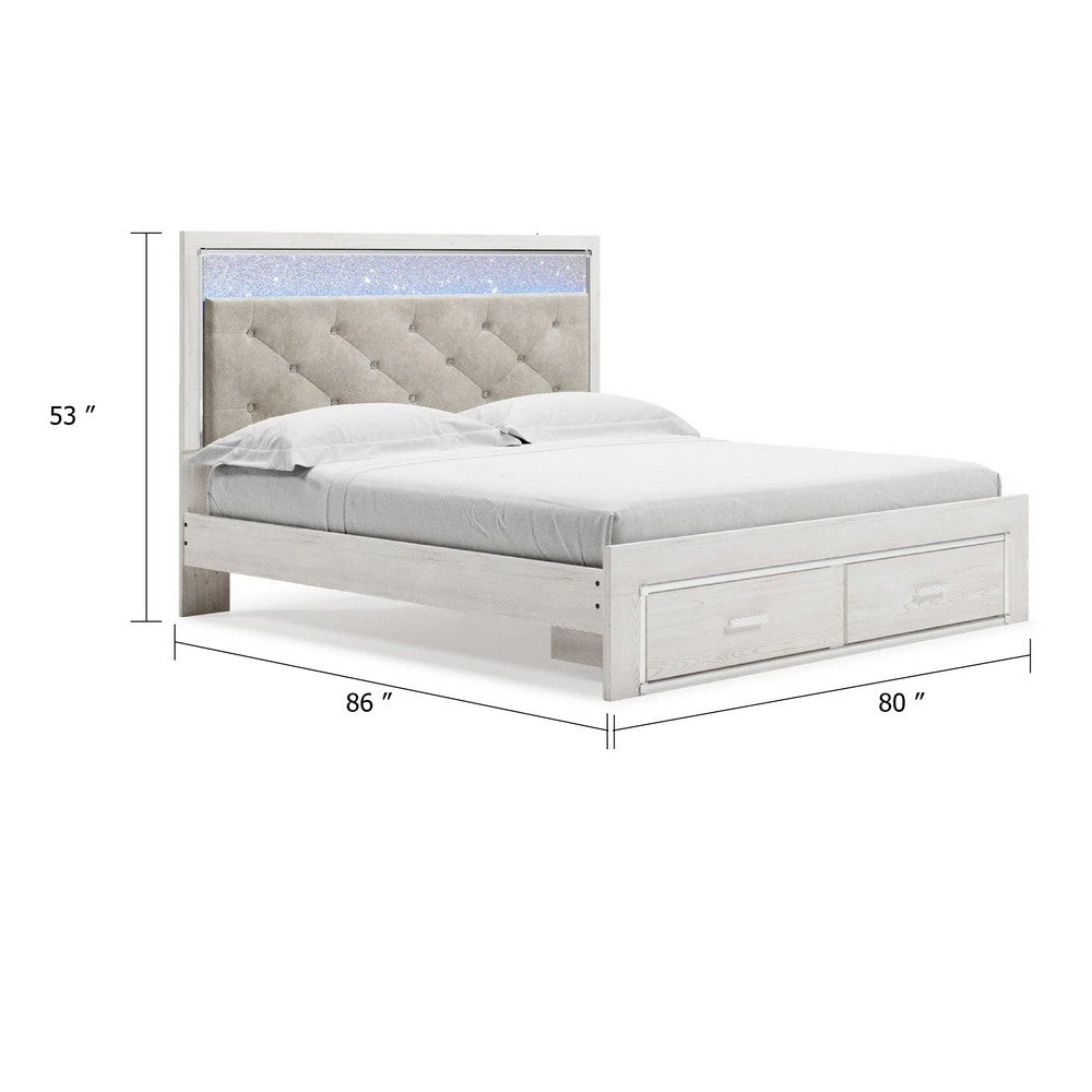 Aly King Size Storage Bed w Gray Button Tufted LED Headboard | White