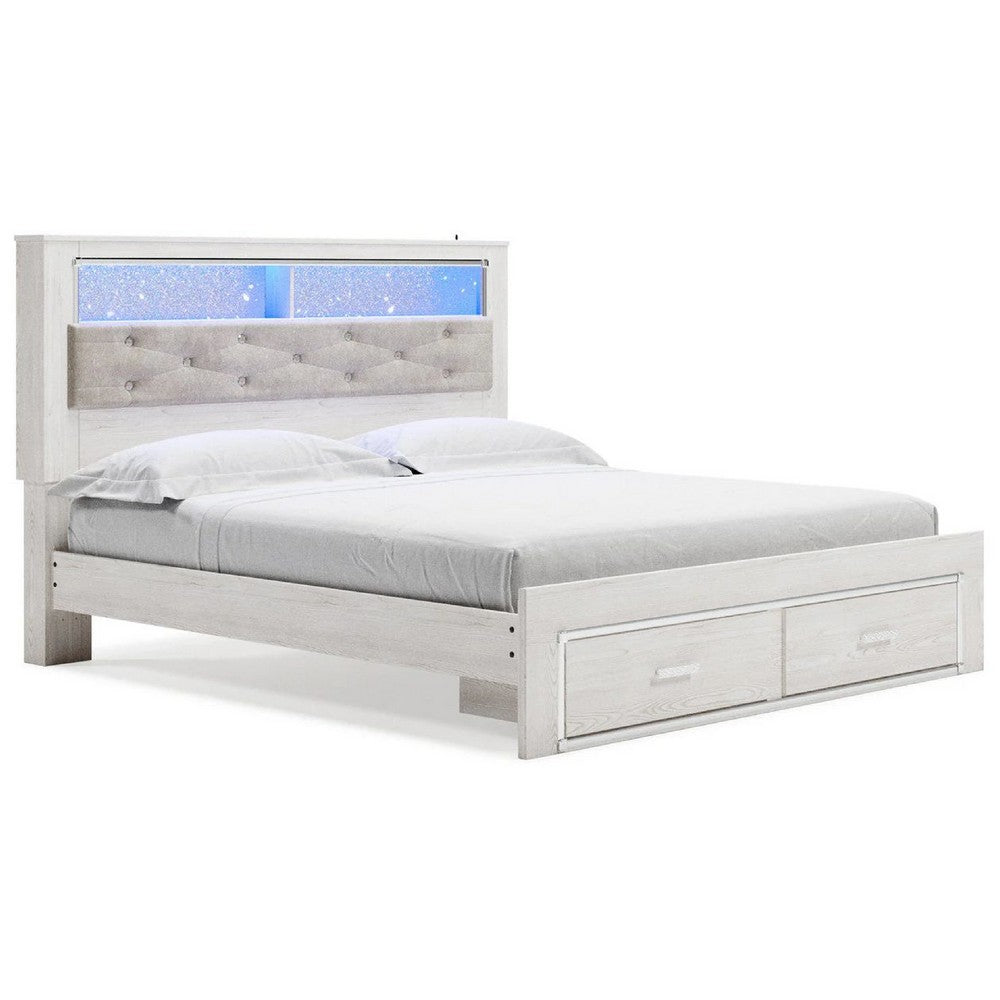 Aly King Size Storage Bed w Gray Tufted Bookcase Headboard | White | LED