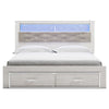 Aly King Size Storage Bed w Gray Tufted Bookcase Headboard | White | LED