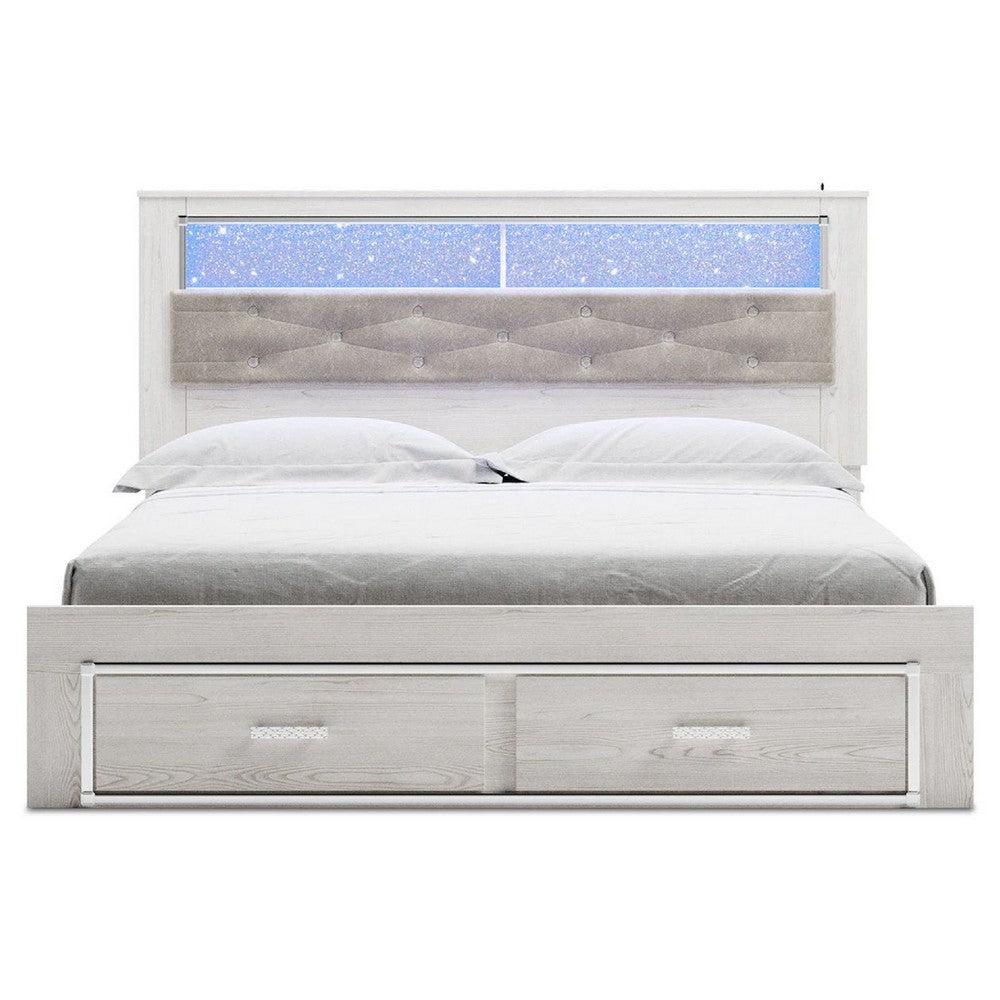 Aly King Size Storage Bed w Gray Tufted Bookcase Headboard | White | LED
