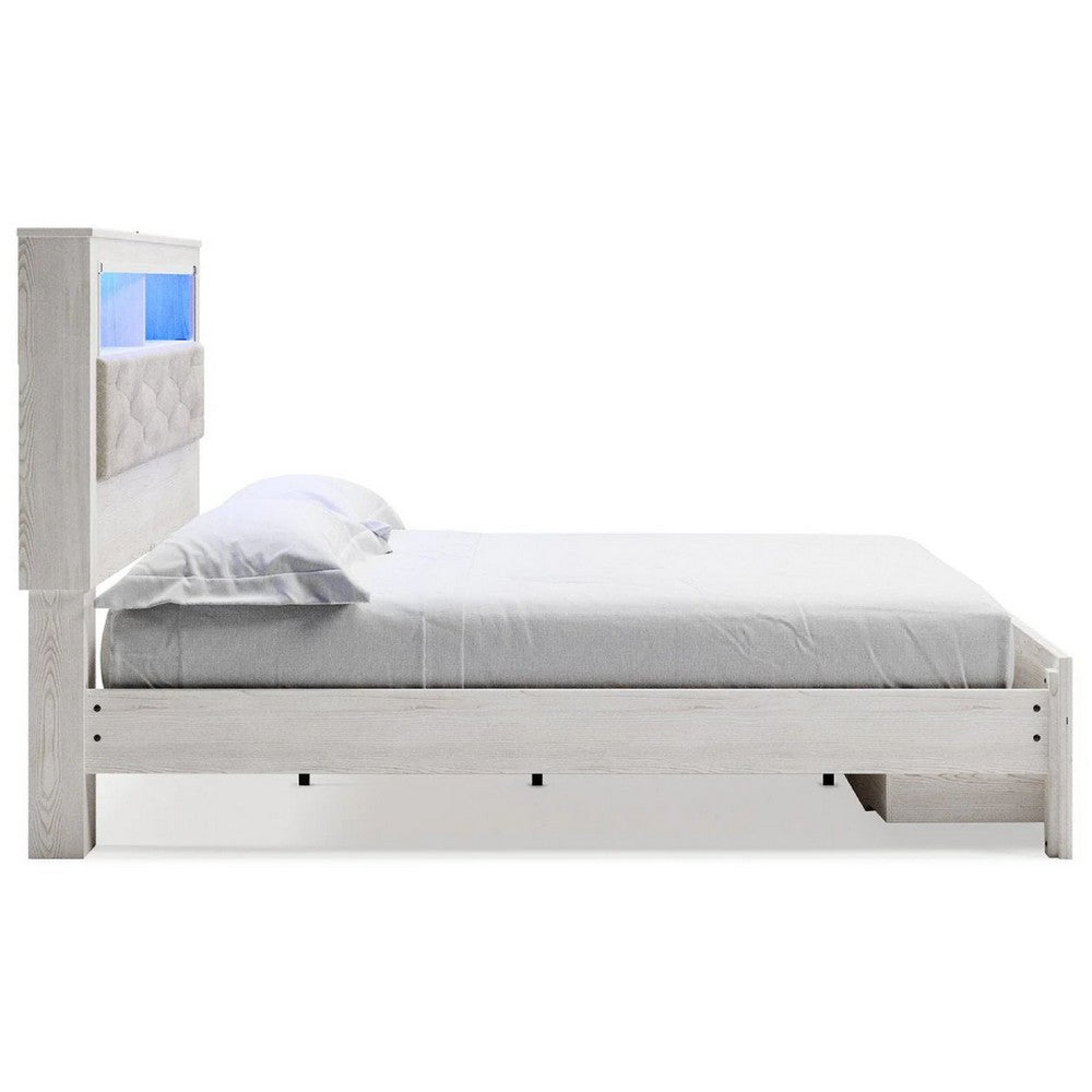 Aly King Size Storage Bed w Gray Tufted Bookcase Headboard | White | LED