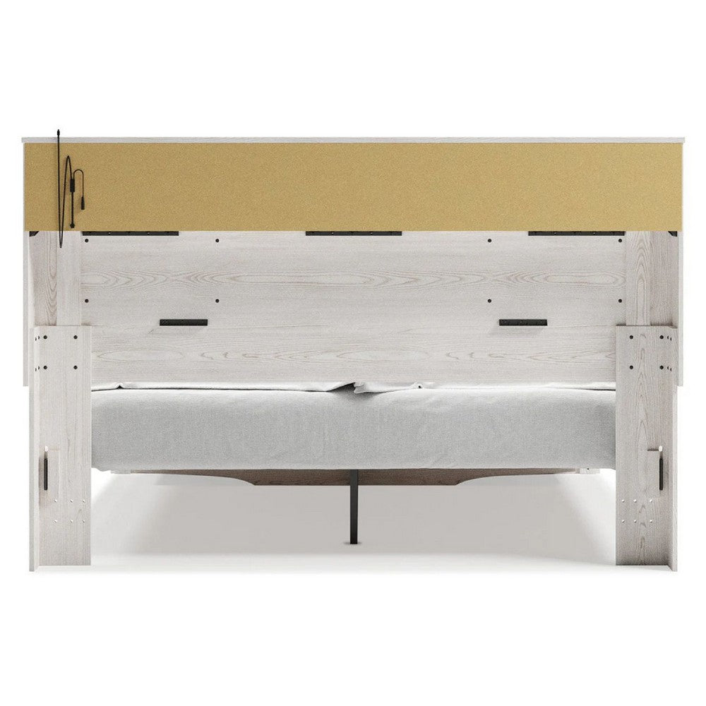 Aly King Size Storage Bed w Gray Tufted Bookcase Headboard | White | LED