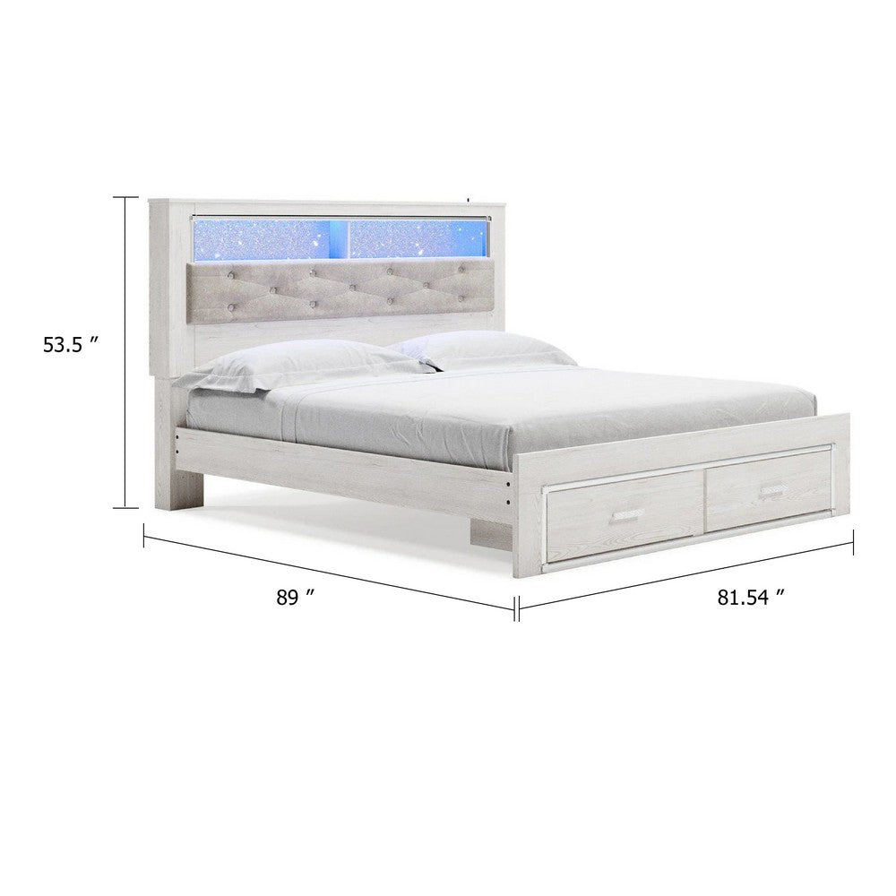 Aly King Size Storage Bed w Gray Tufted Bookcase Headboard | White | LED