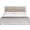 Aly King Size Panel Bed w Gray Tufted Bookcase Headboard | White | LED