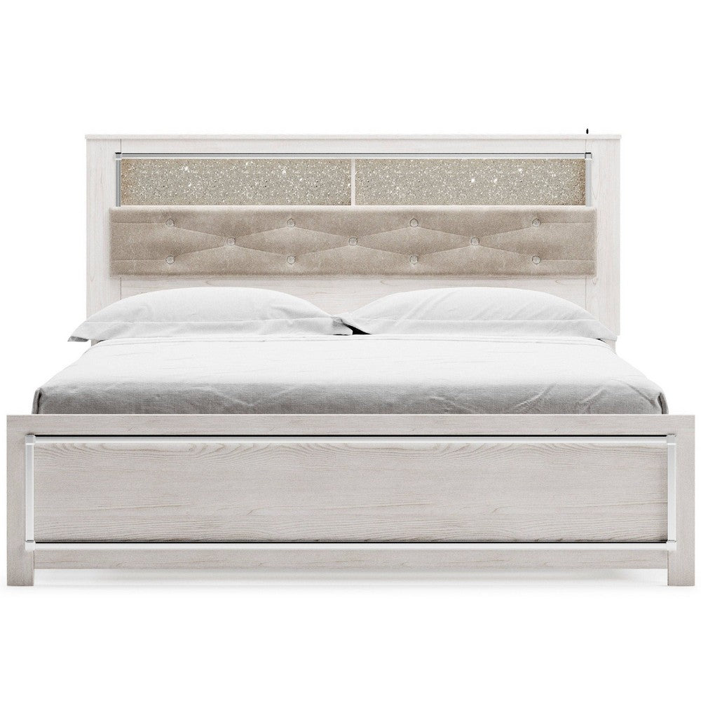 Aly King Size Panel Bed w Gray Tufted Bookcase Headboard | White | LED