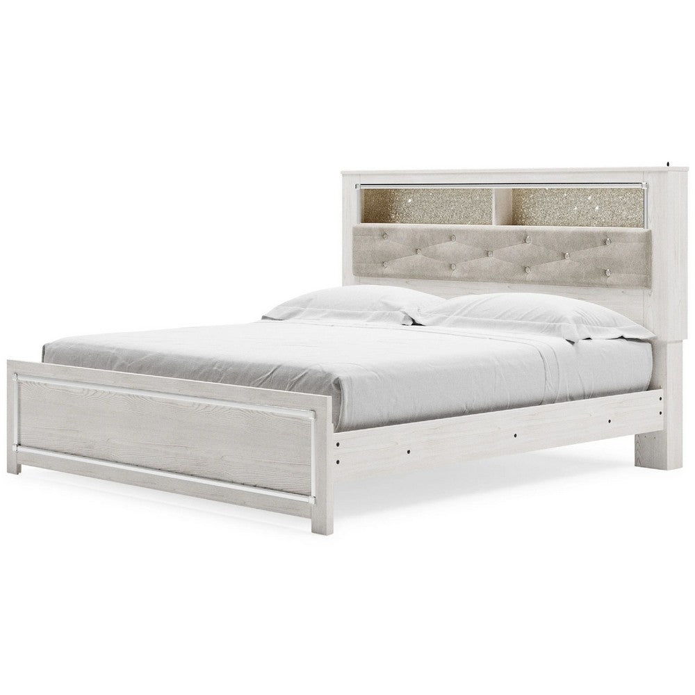 Aly King Size Panel Bed w Gray Tufted Bookcase Headboard | White | LED