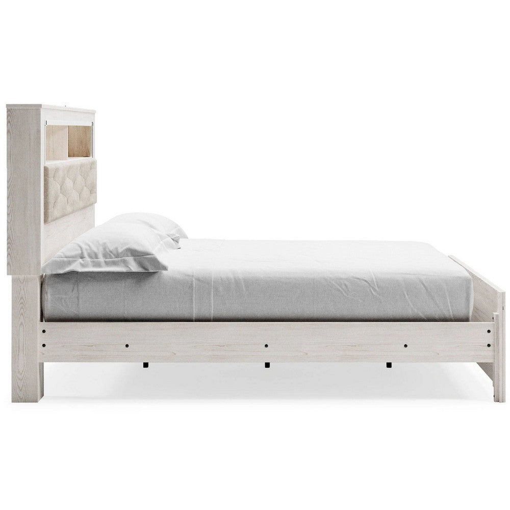 Aly King Size Panel Bed w Gray Tufted Bookcase Headboard | White | LED
