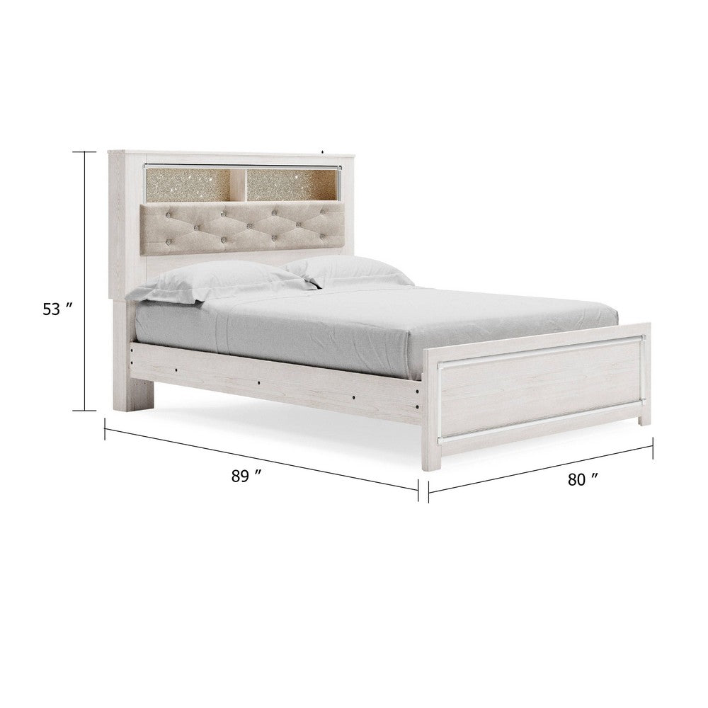 Aly King Panel Bed w Gray Button Tufted Bookcase Headboard | White | LED