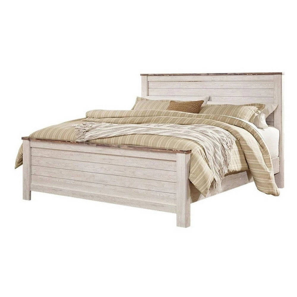 Isla King Panel Bed | Faux Planks Block Pattern | Whitewash & Brown Wood
