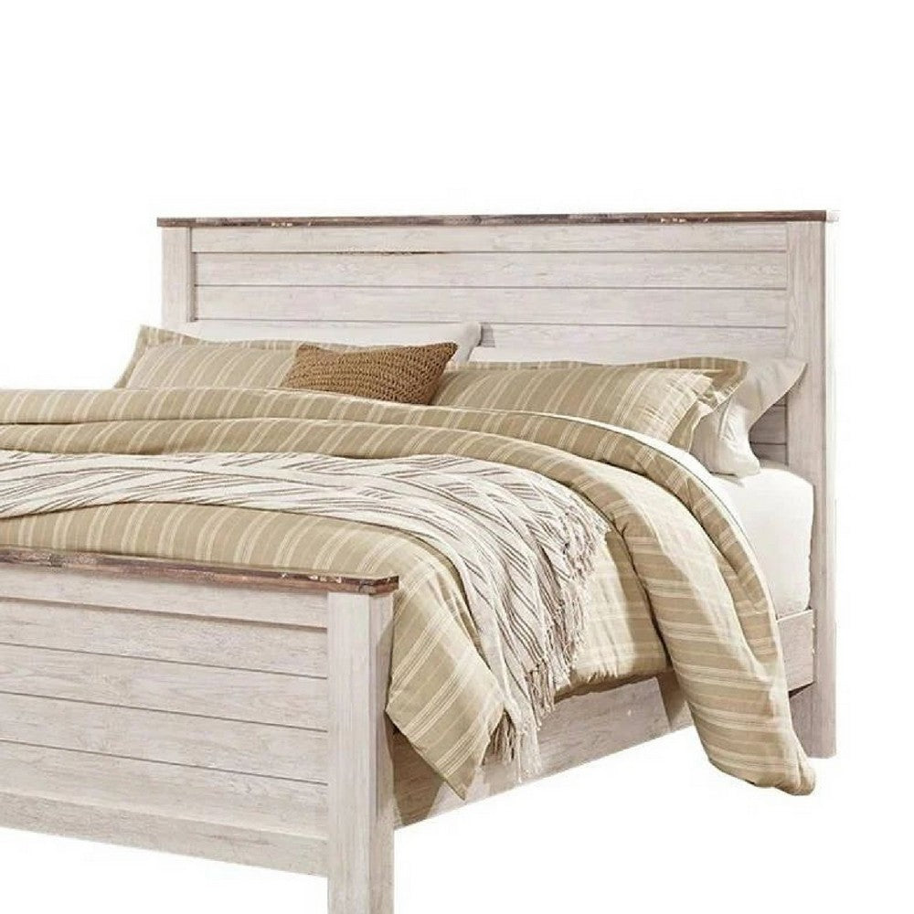Isla King Panel Bed | Faux Planks Block Pattern | Whitewash & Brown Wood