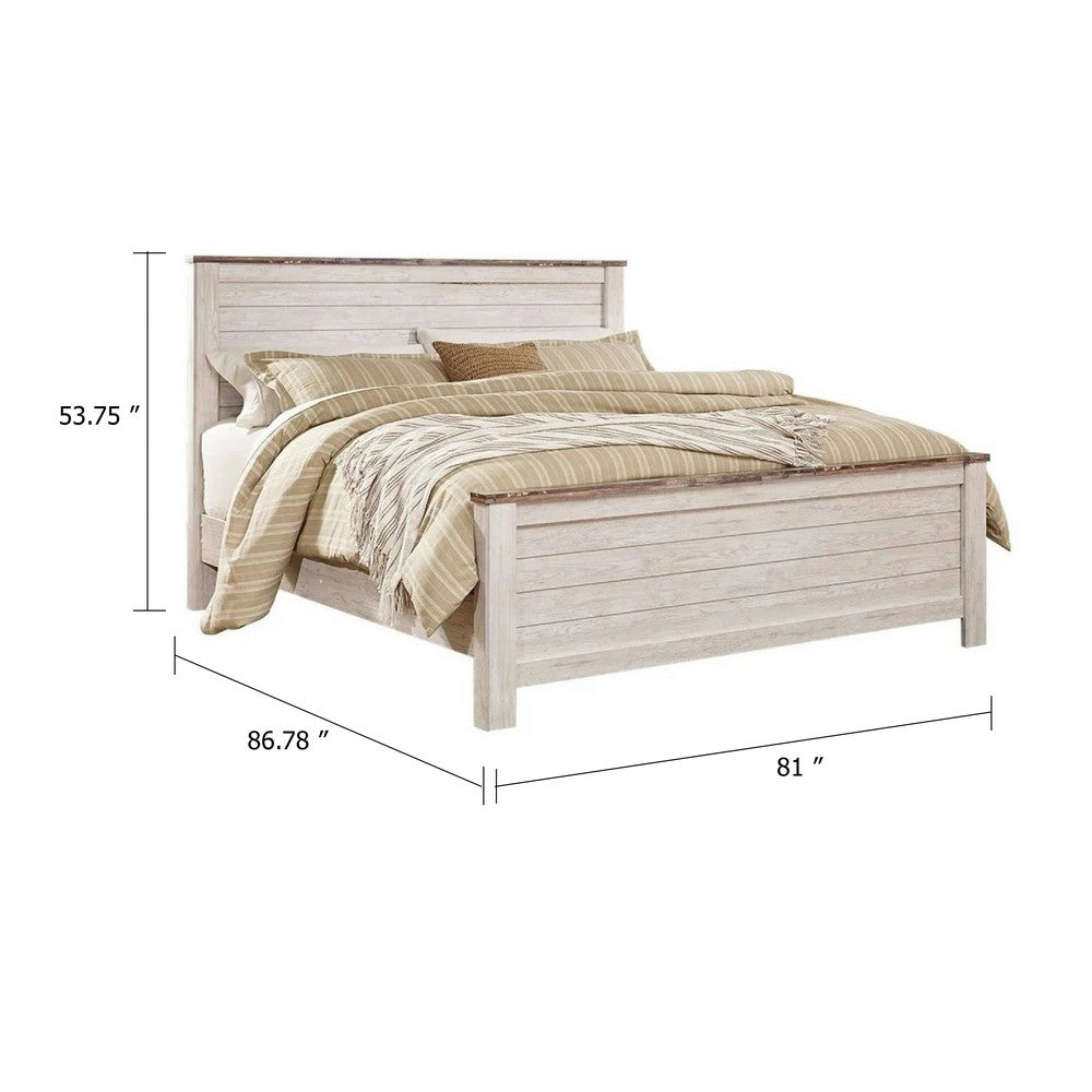 Isla King Panel Bed | Faux Planks Block Pattern | Whitewash & Brown Wood
