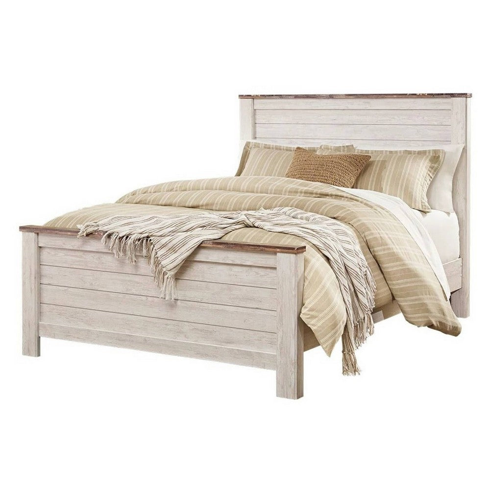 Isla Queen Panel Bed | Faux Planks Block Pattern | Whitewash & Brown Wood