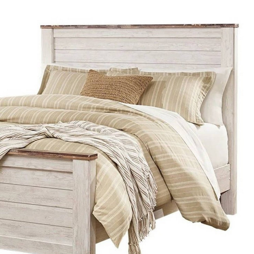 Isla Queen Panel Bed | Faux Planks Block Pattern | Whitewash & Brown Wood