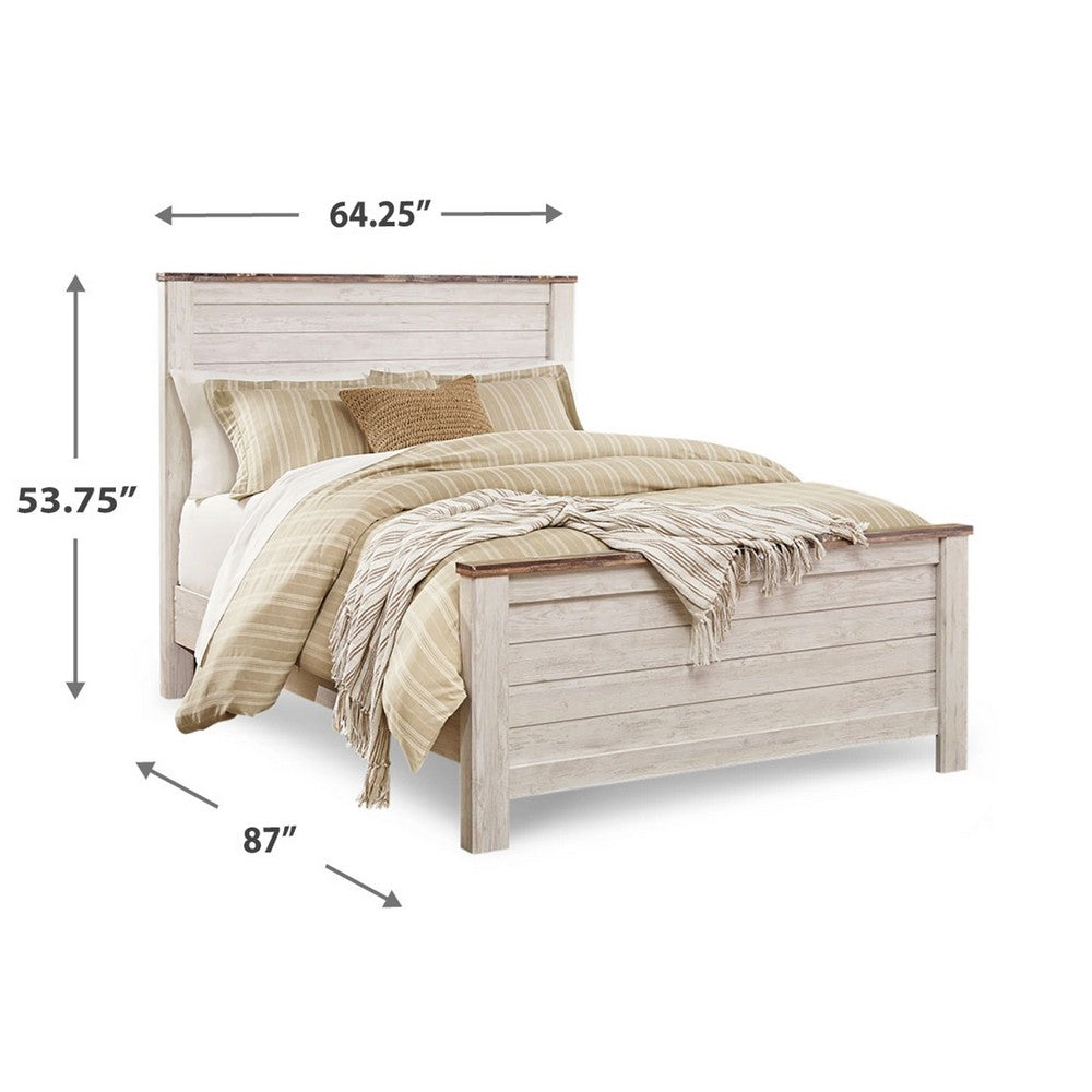 Isla Queen Panel Bed | Faux Planks Block Pattern | Whitewash & Brown Wood