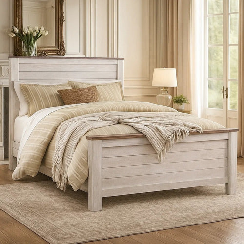 Isla Queen Panel Bed | Faux Planks Block Pattern | Whitewash & Brown Wood