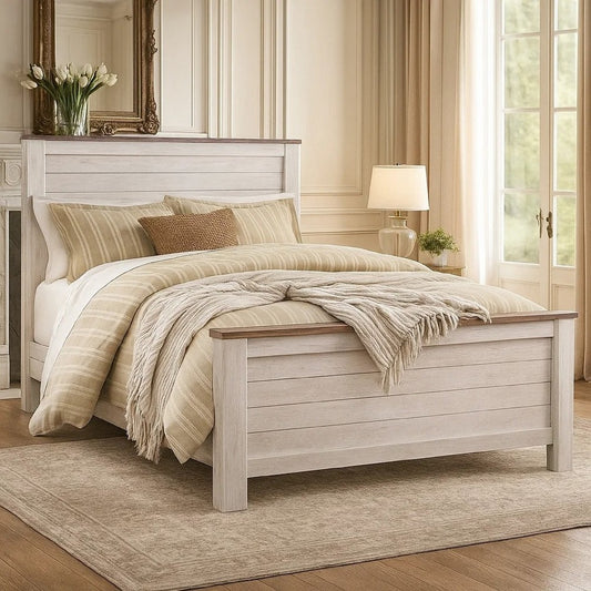 Isla Queen Panel Bed | Faux Planks Block Pattern | Whitewash & Brown Wood