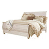 Isla King Sleigh Bed | Faux Planks | Carved Metal Accent | Whitewash Wood