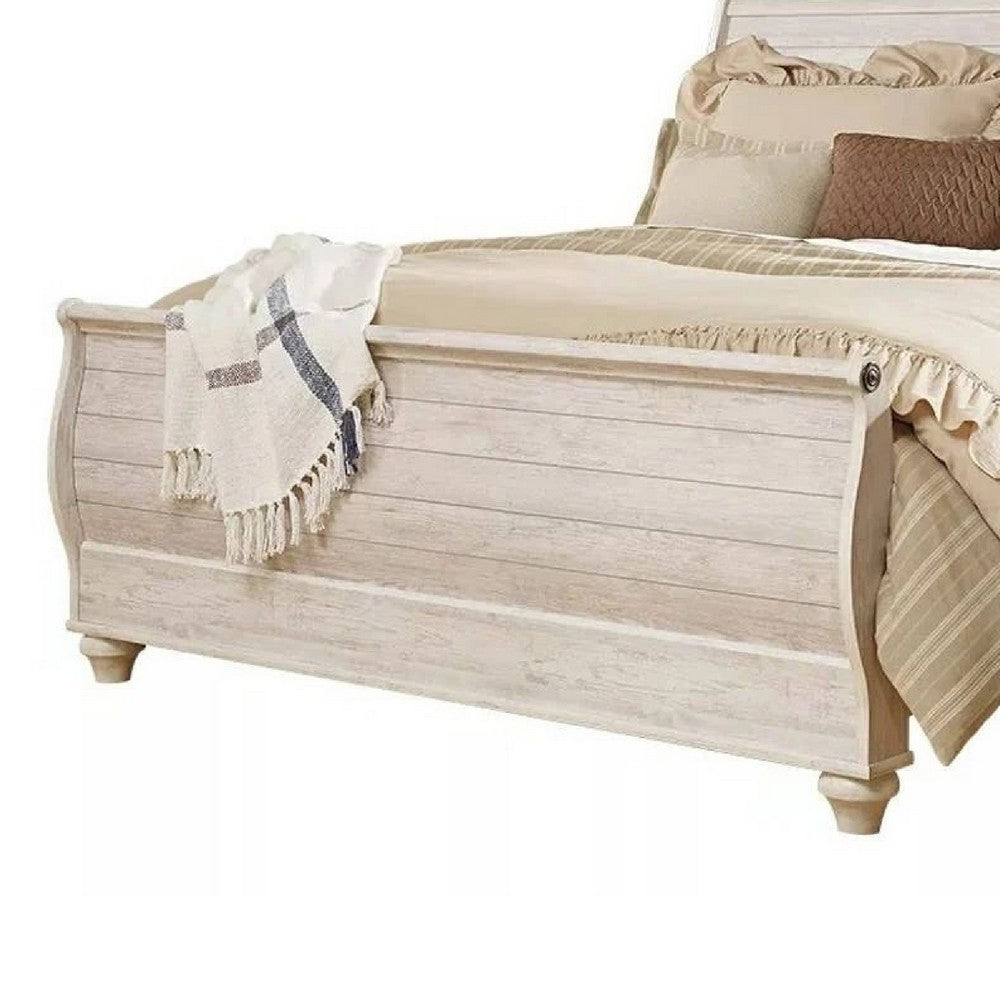 Isla King Sleigh Bed | Faux Planks | Carved Metal Accent | Whitewash Wood