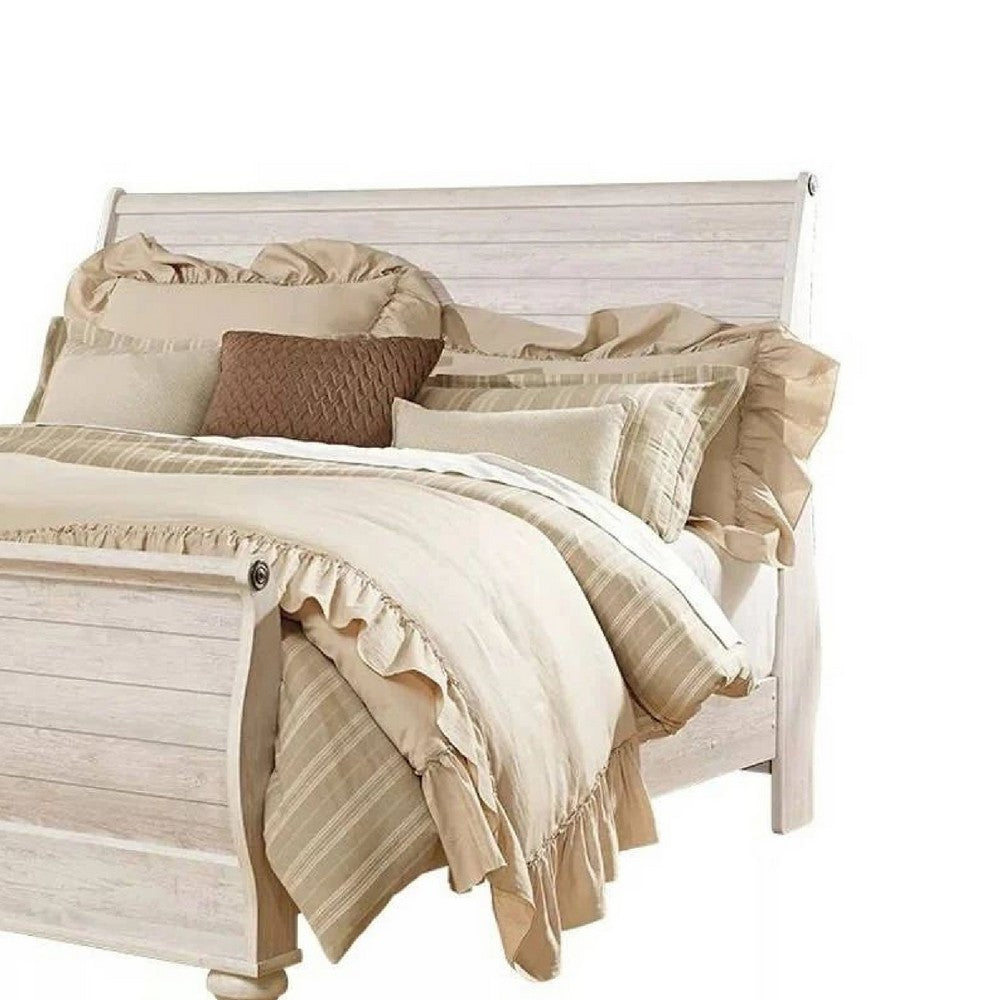 Isla King Sleigh Bed | Faux Planks | Carved Metal Accent | Whitewash Wood